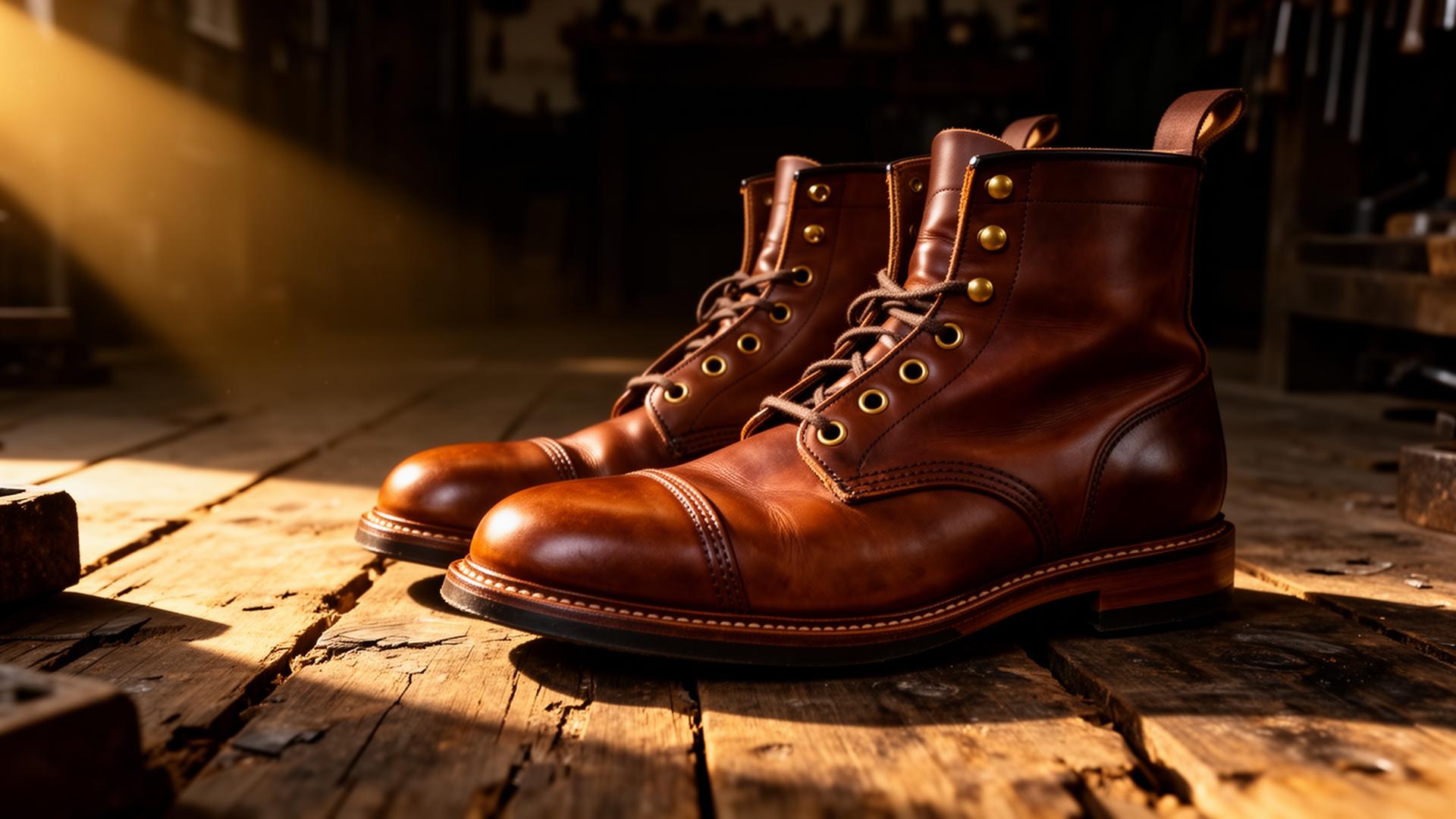 Handcrafted Jakkrabbits leather boots in workshop light
